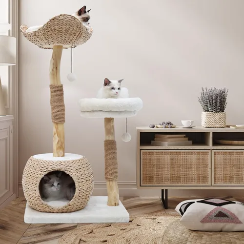 Miniatura 3 de Torre de árbol para gatos de interior, moderno condominio para gatos de madera real con poste rascador, plataformas de salto, bola de juguete