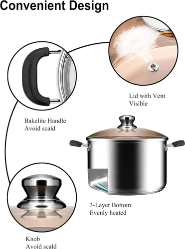 Miniatura 4 de VENTION Olla de acero inoxidable, olla de sopa con tapa, olla de cocina de 3.8 cuartos de galón