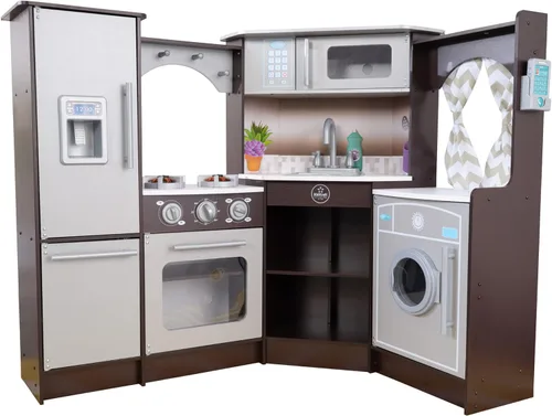 KidKraft Ultimate - Cocina de esquina de madera con luces y sonidos, teléfono de juego y cortinas, Espresso, regalo para niños de 3 años en adelante