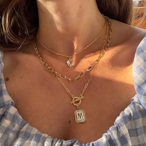 Miniatura 2 de MJartoria Collares con inicial en capas para mujer, a la moda, chapado en oro de 14 quilates, gargantilla de estrella simple, collar con dije