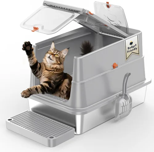 Stainless Steel Litter Box with Lid, SUS304 Metal Cat Litter Boxes, Enclosed Extra Large Kitty LitterBox High Wall, Jumbo Cat Toilet Odor Control,