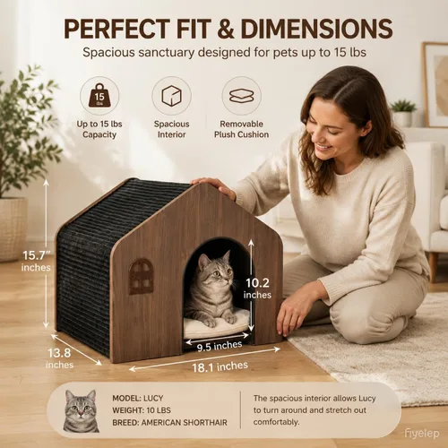Miniatura 5 de Moderna casa de madera para gatos para interiores, cama tipo cueva cerrada de grado E0 con cojín lavable, muebles ecológicos no tóxicos