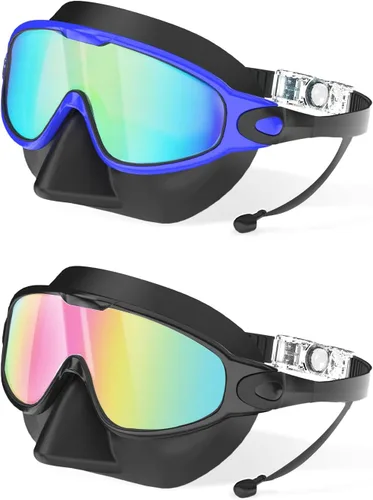 Miniatura 9 de Gafas de natación para adultos con cubierta de nariz para hombres y mujeres, paquete de 2 gafas de natación de visión amplia, antivaho, UV, sin