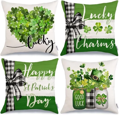 Miniatura 8 de GEEORY Juego de 4 fundas de almohada del Día de San Patricio de 18 x 18 pulgadas, juego de 4 fundas de almohada con diseño de trébol verde con Verde