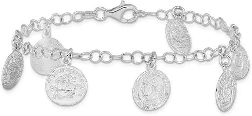 Miniatura 3 de Pulsera de plata de ley maciza rodiada con dije de moneda romana 75 pulgadas fabricada en Italia Plata de ley no conocido