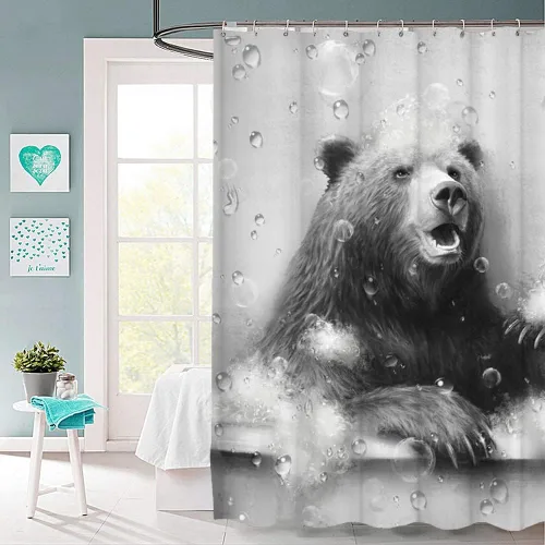 Miniatura 2 de KREATIVE ARTS Cortina de ducha con diseño de osos divertidos animales, decoración de bañera, casa de campo en blanco y negro, 72 pulgadas de ancho