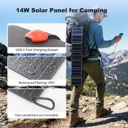Miniatura 5 de EYONGPV Panel solar plegable portátil de 14 W y cargador solar con salida USB-C Croc-Eye, cargador solar compacto impermeable IP67 para teléfonos