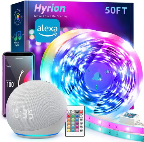 hyrion Tiras de luz LED inteligentes, luz LED WiFi de 50 pies, cambio de color activado por sonido con Alexa y Google, sincronización de música con