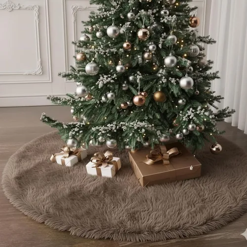 Miniatura 19 de Faldones de Felpa para Árbol de Navidad, 24 pulgadas, Lujosa Cubierta de Base de Árbol de Navidad de Piel Sintética Negra con Copos de Nieve Dorados