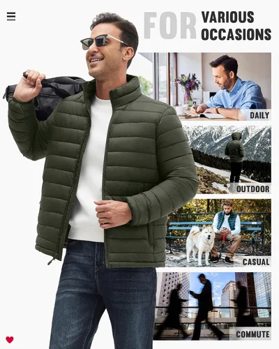 Miniatura 6 de WHN Chaqueta acolchada para hombre, ligera, impermeable, resistente al viento, cuello alto, con cremallera completa, con 3 bolsillos