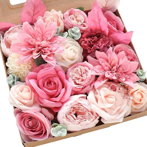 Miniatura 12 de Floroom - Flores artificiales de aspecto real en color lila, lavanda, púrpura y crema, rosas falsas, dalias y vegetación en conjunto de caja