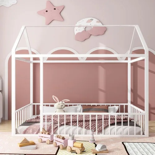 Miniatura 14 de Cama de metal de tamaño matrimonial con valla para niños, adolescentes, niñas, niños, cama de piso de casa, camas Montessori, se puede decorar marco