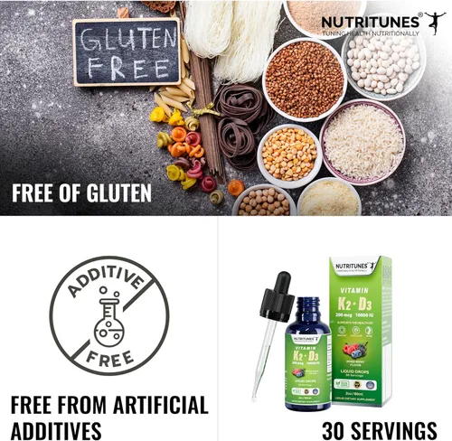 Miniatura 7 de Gotas líquidas K2 D3 – Vitamina D3 10,000 UI y vitamina K2 200 mcg – Suplemento de alta potencia para la salud ósea, inmune y cardíaca – Sabor mixto