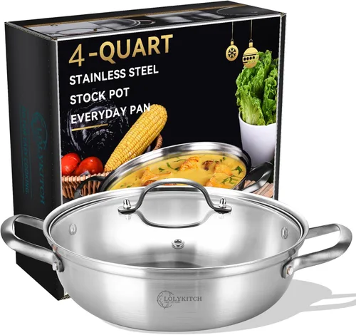 Miniatura 8 de LOLYKITCH Sartén para saltear de acero inoxidable de 3 capas de 11 pulgadas con tapa, 3.5 QT, sartén para uso diario, Kadhai, sartén de cocina por