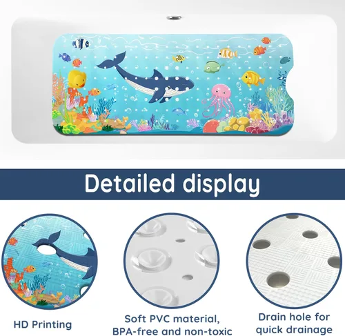 Miniatura 3 de LNOND Alfombra de baño para niños, tapete antideslizante de ballenas azules, con orificios de drenaje y ventosas, lavable a máquina