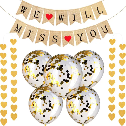 Gejoy Kit de suministros de decoración de fiesta de despedida, 14 piezas con texto en inglés "We Will Miss You", pancarta de arpillera con purpurina