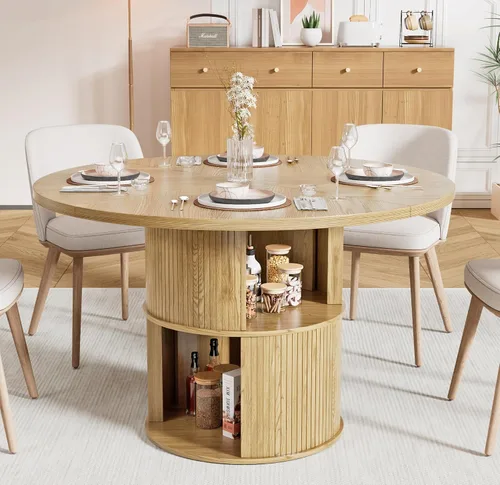 Miniatura 9 de Mesa de comedor redonda de 47 pulgadas para 4, mesa de comedor de cocina de granja con estante de almacenamiento de 2 capas y panel estriado