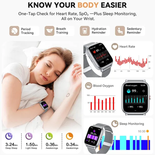 Miniatura 5 de Reloj inteligente para mujeres y hombres, batería de 1000 mAh, contador de actividades, compatible con Android iPhone iOS, 3 correas Plateado