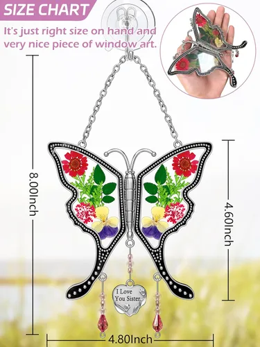 Miniatura 5 de KY&BOSAM Atrapasoles de mariposa con texto en inglés "I Love You Sister" para ventanas con flores secas y prensadas reales, dije de corazón grabado