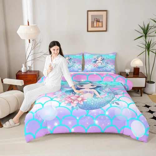 Miniatura 2 de Erosebridal Juego de edredón de sirena para niños, tamaño matrimonial, para niñas, ropa de cama de sirena brillante azul y rosa, juego de ropa