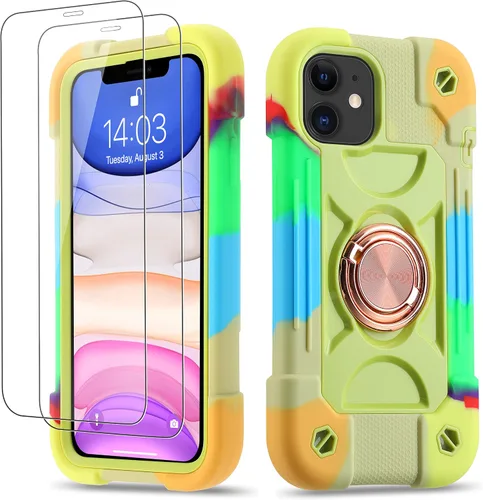 Miniatura 64 de Funda para iPhone 11 de 6.1 pulgadas con soporte de anillo, con 2 protectores de pantalla de vidrio, resistente a los golpes, resistente a