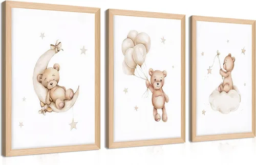 Miniatura 14 de Conjunto de 3 cuadros de arte de pared de osos de rugby deportivos para guardería – Cuadros de osos bebés vintage bonitos, pinturas, pósteres