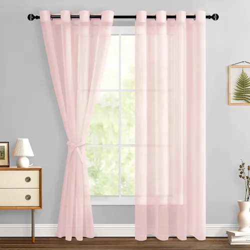 Miniatura 26 de Hiasan - Cortinas traslúcidas de gasa cortas semitransparentes con ojales y alzapaños filtrantes de luz para ventana, dormitorio, baño, 2 paneles