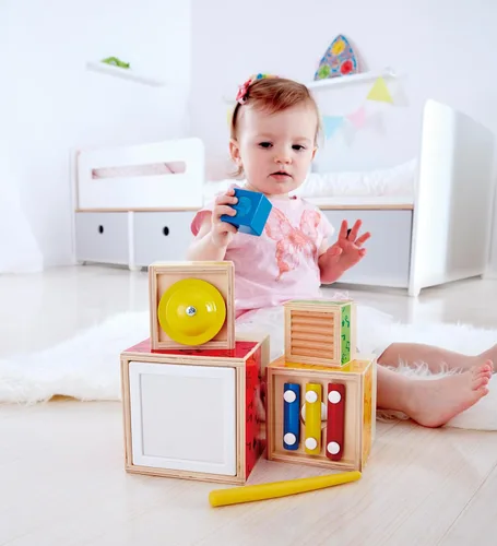 Miniatura 3 de Hape Juego de música apilable Caja musical colorida de 6 piezas, juego de madera para niños mayores de 18 meses