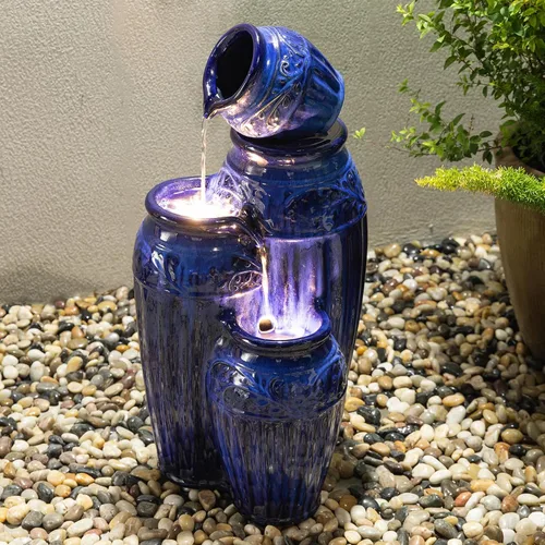 Glitzhome - Fuente de jardín de 27.25" de alto con luces LED y bomba, fuente de agua para exteriores de 4 niveles con patrón en relieve azul Azul