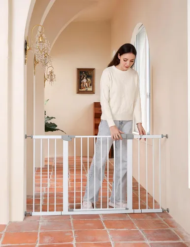 Miniatura 18 de Puerta de seguridad para bebés y mascotas de 29"-57", puerta de metal de 30" de alto con paso para puertas y escaleras, fácil de abrir con una sola