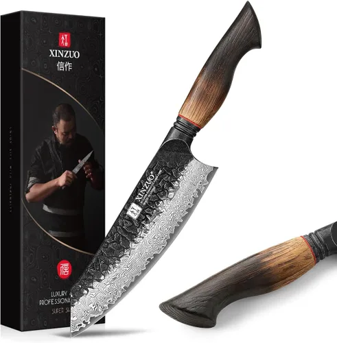 XINZUO Cuchillo Santoku de Damasco Afilado de 7.6 Pulgadas, Cuchillo Profesional de Cocina para Carne de Acero Damasco de 67 Capas para Hogar y