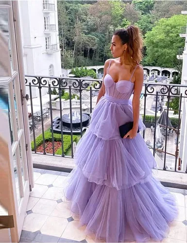 Miniatura 5 de Vestidos de graduación de tul para mujer, con volantes, lazo largo, tirantes delgados, corsé, escalonado, formal, vestidos de fiesta de noche