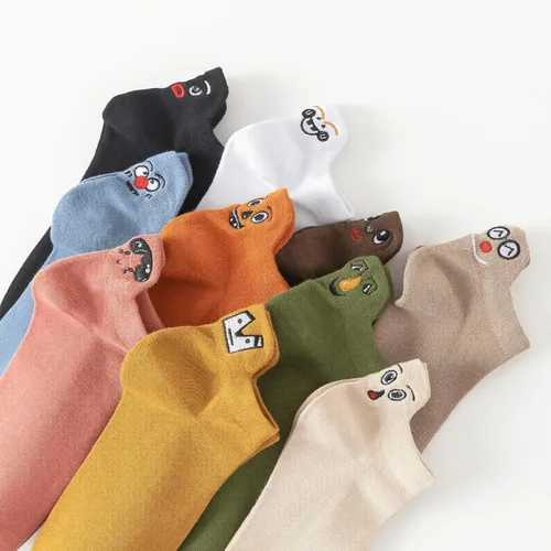 Miniatura 2 de 10 pares de calcetines divertidos, lindos calcetines de tobillo bordados kawaii de algodón suave de corte bajo para mujer, talla única