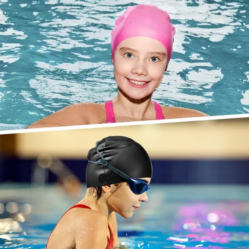 Miniatura 4 de Zhanmai 3 gorras de natación para niños de cabello largo de silicona para niñas y adolescentes con trenzas de pelo largo y rizado, rastas grandes