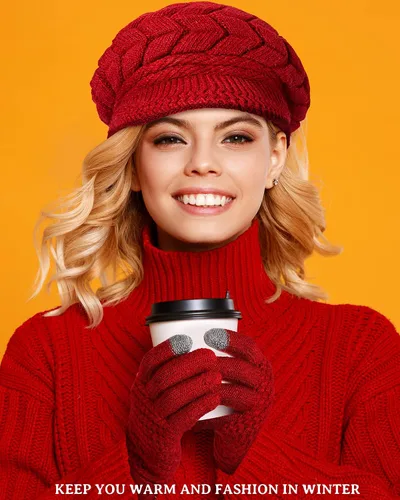 Miniatura 14 de SATINIOR Juego de 4 gorros y guantes de invierno para mujer, gorro de punto cálido, gorro de esquí de nieve con visera y guante para pantalla rojo