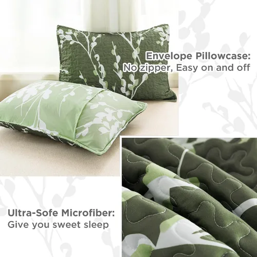 Miniatura 5 de Andency Colcha verde tamaño Queen (96 x 90 pulgadas), colcha ligera floral de 3 piezas, colcha acolchada reversible de microfibra con 2 fundas