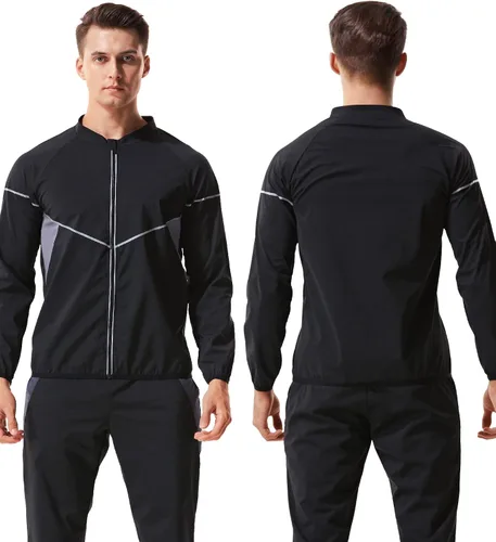 Miniatura 5 de LAZAWG Traje de sauna para hombre, manga larga, sudadera con cremallera, chaqueta de sauna para gimnasio, entrenamiento, ejercicio Negro