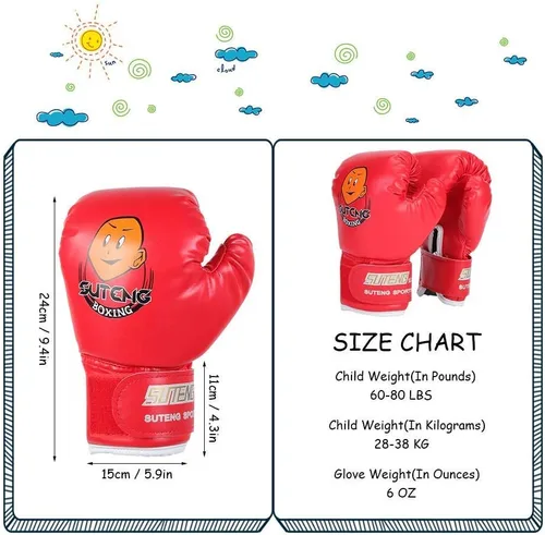 Miniatura 5 de Guantes de boxeo para niños Guantes de entrenamiento de cuero PU Guantes de entrenamiento de dibujos animados para niños Guante Muay Thai (rojo)