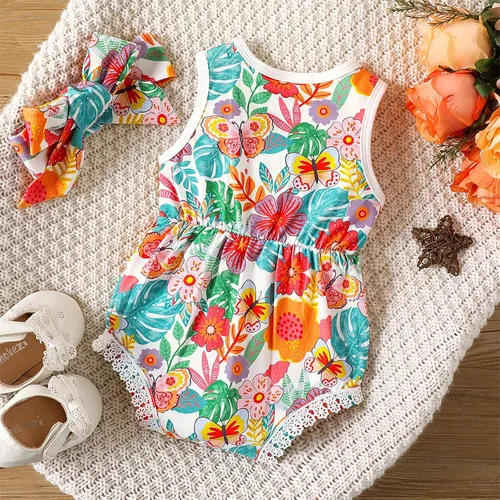 Miniatura 2 de PATPAT Mameluco floral sin mangas con borlas y pompón para bebé, conjunto con diadema de 0 a 18 meses
