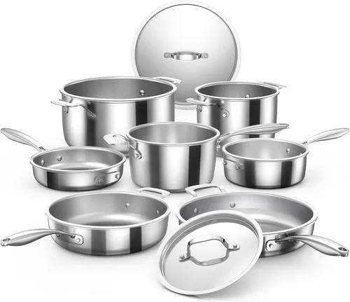 Nuwave Pro-Smart - Juego de utensilios de cocina de acero inoxidable de 9 piezas, resistente de tres capas de 0.122 in de grosor, 18/10SS, diseño