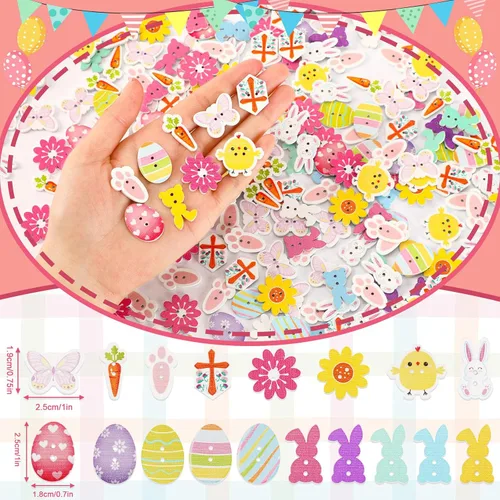 Miniatura 2 de JUNEBRUSHS 260 Botones de Madera de Pascua de 2 Agujeros Flores Mariposas Cruces Pollitos Zanahorias Conejo Botones de Costura de Madera para Rosa
