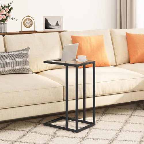 Miniatura 2 de HOOBRO Mesa auxiliar en forma de C, mesa auxiliar para sofá, mesa de sofá para espacio pequeño con vidrio templado, marco de metal, estilo moderno