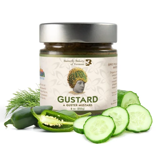 Butterfly Bakery of Vermont - Gustard - Una mostaza Guster, pepinillo picante, mostaza gourmet para untar con pepinos Vermont, jalapeños, eneldo y