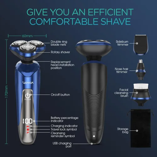 Miniatura 7 de VOYOR Maquinilla de afeitar eléctrica para hombres, afeitadoras inalámbricas para afeitarse con patillas faciales, nariz, oído, pelo, recargable
