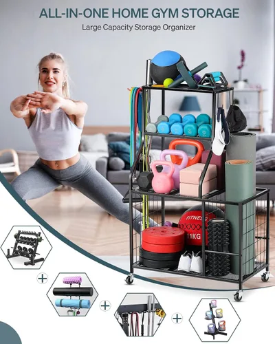 Miniatura 2 de AHOWPD Estante de pesas para gimnasio en casa, estante de almacenamiento para esterilla de yoga, estante de almacenamiento para mancuernas y pesas