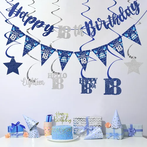 Miniatura 5 de Decoración de cumpleaños número 18 azul y plateado para niños y niñas, pancarta de feliz cumpleaños 18 con estrellas de dieciocho años de edad