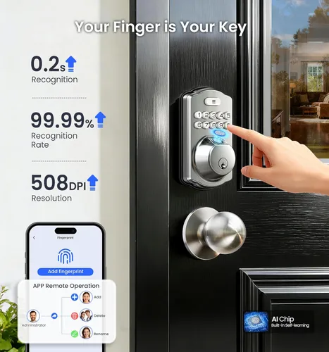 Miniatura 12 de Veise VE012W-K - Cerradura inteligente de huellas dactilares WiFi integrada con 2 perillas, no necesita concentrador, control remoto por aplicación