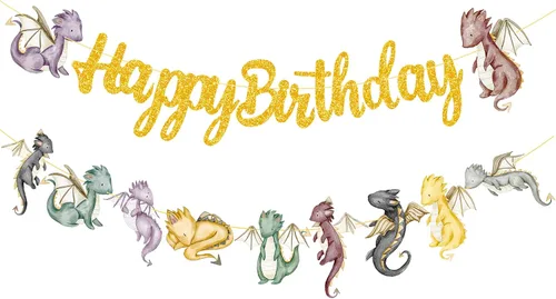 Miniatura 2 de Pancartas de fiesta de cumpleaños de dragón, 2 piezas recortadas de fantasía, pancarta dorada para suministros de baby shower de caballero