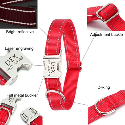 Miniatura 2 de Collar de perro personalizado reflectante, placa de identificación grabada gratis, collares de perro personalizados de nailon con hebilla de metal