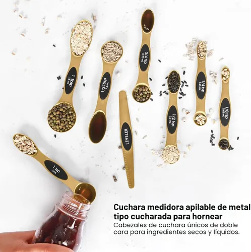 Miniatura 5 de Juego de cucharas medidoras magnéticas de acero inoxidable con nivelador de 9 piezas, tazas medidoras apilables para hornear - Juego de tazas